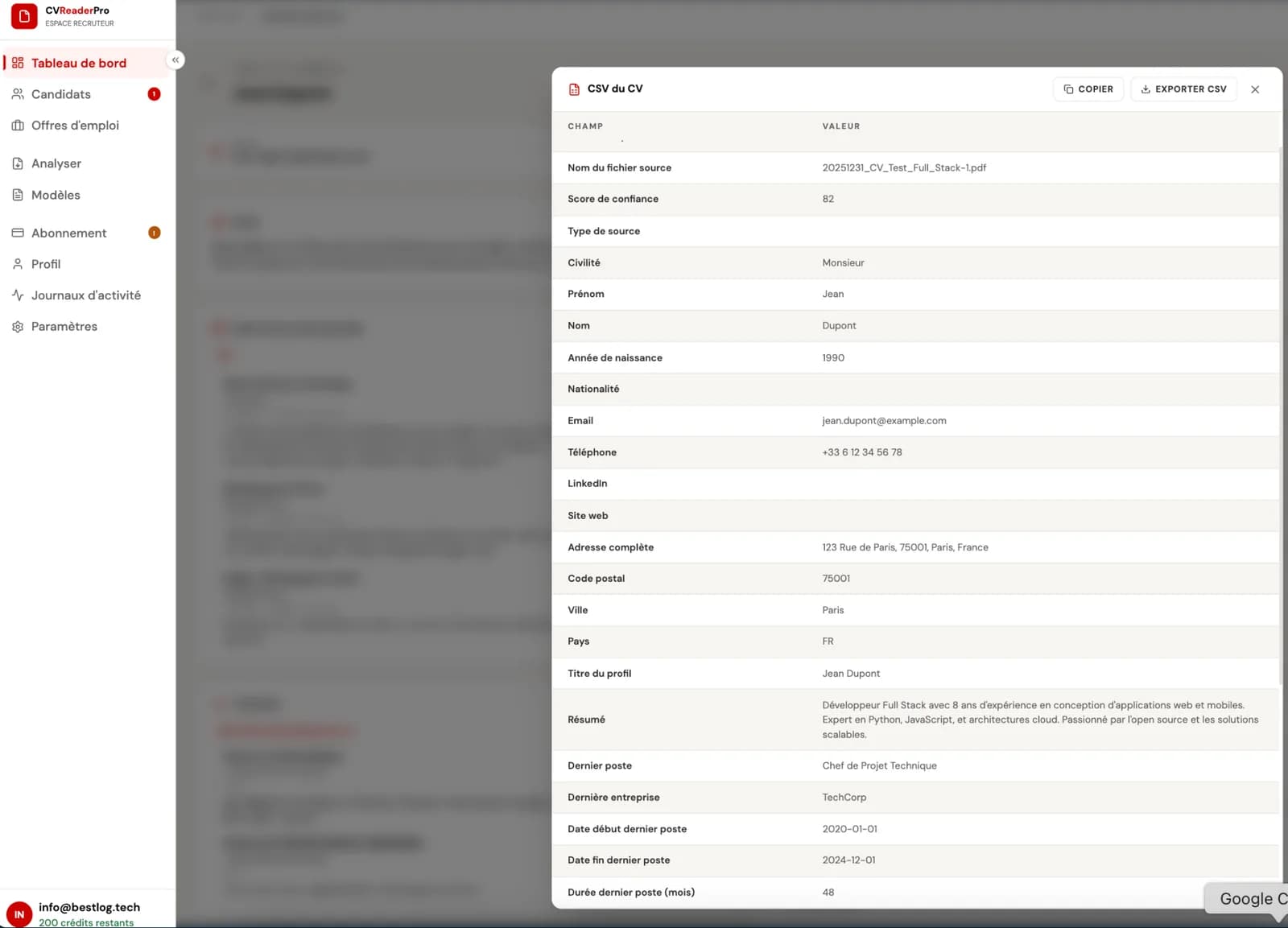 Export CSV des données structurées d'un CV
