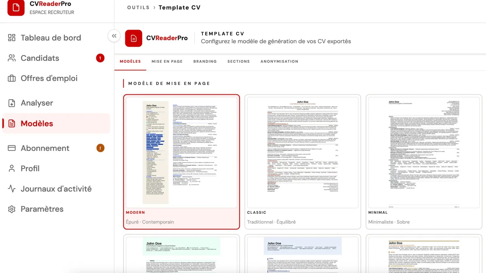 Sélection de modèles de CV dans CVReaderPro