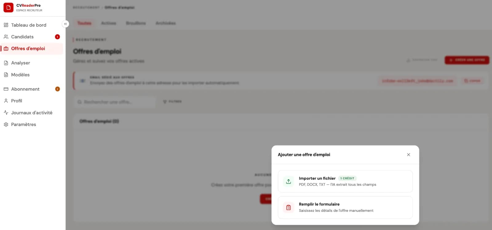 Création d'une nouvelle offre d'emploi dans CVReaderPro